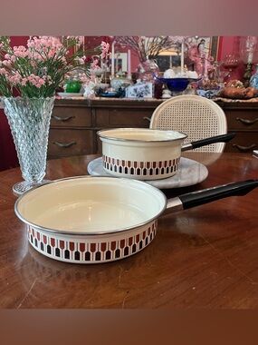 VTG Moneta Italy Enamelware Set MCM "Dragone" Pattern Pot & Skillet Brn/Crm